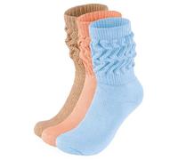 BRUBAKER 3 Paar Slouch Socken - Damen Schoppersocken für Sport und Freizeit - Lässige Retro-Socken für Frauen - Scrunch Knit Baumwollsocken - Hellblau, Pfirsich und Beige - Größe: 35-38