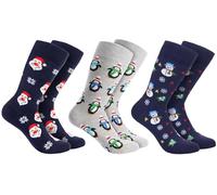 BRUBAKER 3 Paar Weihnachtssocken - Lustige Socken für Damen und Herren mit Weihnachtsmotiven - Pinguine, Schneemann und Weihnachtsmann - Baumwolle Blau - Geschenk Weihnachten - One Size EU 35-40