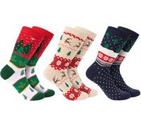 BRUBAKER 3 Paar Weihnachtssocken - Lustige Socken für Damen und Herren mit Weihnachtsmotiven - Weihnachtsbaum Muster Beige, Rot und Blau - Baumwolle - Geschenk Weihnachten - EU 35-40