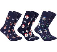 BRUBAKER 3 Paar Weihnachtssocken - Lustige Socken für Damen und Herren - Schneemann, Rentier und Weihnachtsmann - Baumwolle Blau - Geschenk Weihnachten - EU 41-45