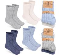 BRUBAKER 4 Paar Kinder Wollsocken - Warme Wintersocken für Jungen und Mädchen - Flauschiges Socken Set mit Schafwolle - Winter Kindersocken - Dunkelblau, Grau, Blau und Beige - Größe 31-34