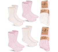 BRUBAKER 4 Paar Wollsocken - Warme Wintersocken für Damen und Herren - Flauschiges Thermosocken Set mit Schafwolle - Winter Socken - Rosa und Beige - Größe 35-38