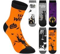 BRUBAKER 5 Paar Halloween Socken - Lustige Baumwollsocken mit Kürbis, Sensenmann & Spinnen - Buntes Sockenset für Damen & Herren - Hohe Herbstsocken in Orange, Lila & Schwarz - 41-45