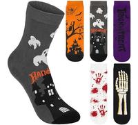 BRUBAKER 5 Paar Halloween Socken - Lustige Baumwollsocken mit Skelett, Blut & Gespenst - Buntes Sockenset für Damen & Herren - Hohe Herbstsocken in Orange, Lila & Schwarz - 41-45