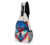 Brusttasche, Aquarell-Blau, Rot, Wolfsgesicht, Schultertasche für Herren, Umhängetasche, Bauchtaschen für Damen, Sling-Rucksack für Reisen, weiß, 20,3 x 10,2 x 38,1 cm, weiß, 8x4x15 Inches