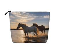 BSCKKDMN Make-up-Tasche für Damen, Motiv: Sonnenuntergänge, See, Pferde, wasserdicht, Leinen, leicht, Reißverschluss, Reise-Kulturbeutel, Organizer, Make-up-Pinsel, Aufbewahrungstasche