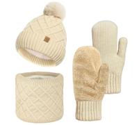 Bseical Mütze Schal Handschuhe Set Damen Winter Warme Wintermütze mit Bommel & Weiches Fleecefutter, Loop Schal Schlauchschal Winterschal Winterhandschuhe für Weihnachten Geschenk für Frauen 3in1 Set