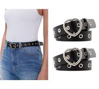 BSJIA 2 Stück Herzschnallengürtel für Damen, modisch, Ösen, Ledergürtel, schwarzer Ledergürtel für Jeans, Herz-Schwarz, Schwarz, M:Fit Waist Size 32-37 Inches