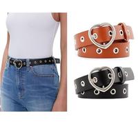 BSJIA 2 Stück Herzschnallengürtel für Damen, modisch, Ösen, Ledergürtel, schwarzer Ledergürtel für Jeans, Herz-Schwarzbraun, M:Fit Waist Size 32-37 Inches