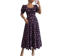 BSLVWG Damen Blumen Maxi Kleid Ruched Bust A Line Kleid Boho Quadratausschnitt Puff Ärmel Kurzarm Sommer Strand Swing Kleider (DE/NL/SE/PL, Alphanumerisch, XXL, Regular, Regular, Tief lila)