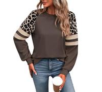 BSLVWG Damen Crew Hals Sweatshirt Damen Casual Classic Leopard Patch Plain Pullover Langärmel Tops T-Shirt für Winter Herbst Pullover (DE/NL/SE/PL, Alphanumerisch, XXL, Regular, Regular, Kaffee)