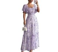 BSLVWG Damen Sommer Casual Chiffon Puff Ärmel Floral Druck Ruched Bust A Line Kleid hohe Taille Kleid Boho Beach Maxi fließende Kleider (DE/NL/SE/PL, Alphanumerisch, S, Regular, Regular, Lila)