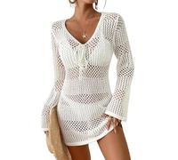 Bsubseach Damen Badeanzug Strandkleid Gehäkelt Langärmelig V-Ausschnitt Mesh Bikini Kleid mit Cut-Outs Weiß M