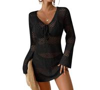 Bsubseach Damen Badeanzug Strandkleid Gehäkelt Langärmelig V-Ausschnitt Mesh Bikini Kleid mit Cut-Outs Schwarz L