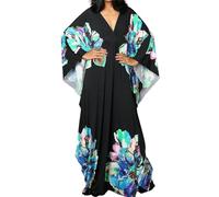 Bsubseach Damen Kaftan Strandkleid mit Ethno-Print in Übergröße Strandkleid Blaue Pfingstrose