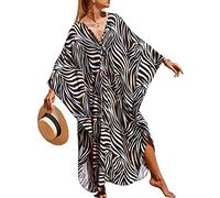 Bsubseach Damen V-Ausschnitt Kaftan Strandkleid Boho Floral Lange Plus Größe Pareos Lose Tunika Maxikleid Schwarzbrauner Zebra