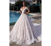 BSYPM Hochtailliertes Brautkleid V-Ausschnitt Dimensionales Blümchen Helles Hochzeitskleid Kurze Ärmel Riemchen Quaste Einfaches Haupt Brautkleid White 48W