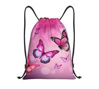 BTCOWZRV Kordelzug-Rucksack, rosa Schmetterlings-Druck, wasserdicht, verstellbare Turnbeutel, mit Kordelzug, Schwarz, Small