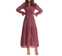 BTFBM, Lässiges Damenkleid, Langärmelig, Rundhalsausschnitt, Herbstkleid, Bohemian-Stil, Entspannte Passform, Blumenmuster, Fließendes Maxikleid, Gestuftes Cocktailkleid