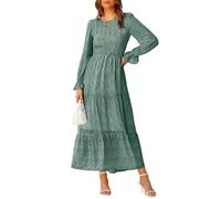 BTFBM, Lässiges Damenkleid, Langärmelig, Rundhalsausschnitt, Herbstkleid, Bohemian-Stil, Entspannte Passform, Blumenmuster, Fließendes Maxikleid, Gestuftes Cocktailkleid, Dunkelgrün, XX-Large