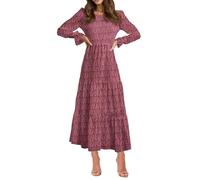 BTFBM, Lässiges Damenkleid, Langärmelig, Rundhalsausschnitt, Herbstkleid, Bohemian-Stil, Entspannte Passform, Blumenmuster, Fließendes Maxikleid, Gestuftes Cocktailkleid