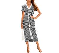 BTFBM Lässiges Sommerkleid für Damen, kurzärmelig, gestreift, Midi-Kleid, Knopfleiste, gerippt, Strickkleid, Partykleid, Schwarz, Groß