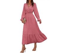 BTFBM Maxikleider für Damen, Herbst, 2025, langärmelig, V-Ausschnitt, Schweizer Punkte, hohe Taille, A-Linie, Rüschen, Boho, langes Kleid, Urlaub, Pink, X-Groß