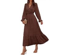 BTFBM Maxikleider für Damen, Herbst, 2025, langärmelig, V-Ausschnitt, Schweizer Punkte, hohe Taille, A-Linie, Rüschen, Boho, langes Kleid, Urlaub, Kaffee, X-Groß