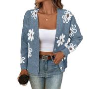BTFONIA Damen-Cardigan mit Blumenmuster und Knopfleiste, V-Ausschnitt, überschnittene Schulter, gestrickte Oberbekleidung(Blue,M)