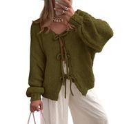 BTFONIA Damen-Cardigan mit Schleife vorne for Binden grob gestrickt Lange Puffärmel, Trendige Herbst-Winter-Jackenmäntel(Green,XL)