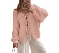 BTFONIA Damen-Cardigan mit Schleife vorne for Binden grob gestrickt Lange Puffärmel, Trendige Herbst-Winter-Jackenmäntel(Pink,L)