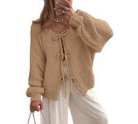 BTFONIA Damen-Cardigan mit Schleife vorne for Binden grob gestrickt Lange Puffärmel, Trendige Herbst-Winter-Jackenmäntel(Khaki,L)