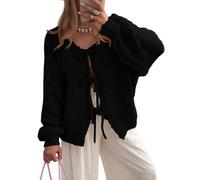 BTFONIA Damen-Cardigan mit Schleife vorne for Binden grob gestrickt Lange Puffärmel, Trendige Herbst-Winter-Jackenmäntel(Black,XL)