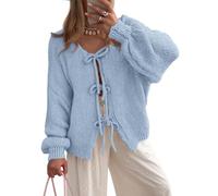 BTFONIA Damen-Cardigan mit Schleife vorne for Binden grob gestrickt Lange Puffärmel, Trendige Herbst-Winter-Jackenmäntel(Blue,M)