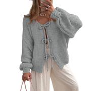 BTFONIA Damen-Cardigan mit Schleife vorne for Binden grob gestrickt Lange Puffärmel, Trendige Herbst-Winter-Jackenmäntel(Gray,S)
