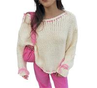 BTFONIA Damen-Pullover mit niedlicher Schleife, langärmelig, gestrickter Pullover mit Schleife vorne, Band, Schnürung, Zopfmuster, Strickwaren, Ausgeh-Top(S)