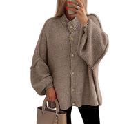 BTFONIA Damen Winter-Strickjacke mit Knopfleiste, Stehkragen, Laterne, langärmelig, grob gestrickte Jacke, Trendige Oberbekleidung(Khaki,L)