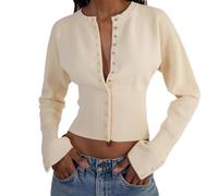 BTFONIA Kurze Damen-Pullover, Knopfleiste, Lange Ärmel, V-Ausschnitt, Gerippter Strick, Slim-Fit-Pullover, bauchfreie Tops(Apricot,S)