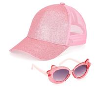 BTHRORO Basecap Mädchen Sonnenbrille Kinder, Glitzer Baseballkappe mit Pferdeschwanz Verstellbarer Kinder Kappe Mädchen Sommer Mesh Sonnencap Outdoor Sonnenhut Sport Freizeit Rosa