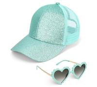 BTHRORO Basecap Mädchen Sonnenbrille Kinder, Glitzer Baseballkappe mit Pferdeschwanz Verstellbarer Kinder Kappe Mädchen Sommer Mesh Sonnencap Outdoor Sonnenhut Sport Freizeit Rosa