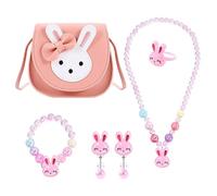 BTHRORO Handtasche Schmuckset für Mädchen, Kaninchen Kinderschmuck Halskette Armband Ring und Ohrring, Prinzessin Schmuckset für Kinder Ankleiden Geburtstag Geschenk