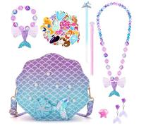 BTHRORO Meerjungfrau Handtasche Schmuck Set für Kinder, Prinzessin Kette Halskette Armband Ring Schmuckset Haarspangen Meerjungfrauen Aufkleber für Mädchen Rollenspiel Party Dress Up Geschenk