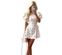 Btofellin Damen Sommerkleider Kurze Ärmel Puffärmel A-Linie Rundhalsausschnitt Hohe Taille Minikleid Lässiges Korsettkleid Niedliches Kleid mit Blumenmuster