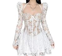 Btofellin Damen Spitze Mini Korsett Kleid Niedrig geschnittene Spitze Floral Langarm Rückenfrei Up Bodycon A-Linie Kleid Kurz Geraffter Saum Kleider Party Clubwear Streetwear