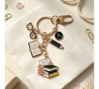 Buch-Paar Schlüsselanhänger Taschenanhänger, süßes Lesethema mit Brille, Bleistift und Buchstapel-Anhänger, ideales Geschenk für Studenten und Buchlie