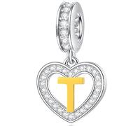 Buchstabe T Charms Initial Halskette Anhänger, 18K Vergoldet Letra t, 925 Sterling Silber Herz Alphabet Dangle CZ Perlen, passen Pandora Schlangenkette Armband, Geschenke für Lehrer/Jugendliche/Reisen