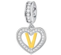 Buchstabe V Charms Initial Halskette Anhänger, 18K Vergoldet Letra v, 925 Sterling Silber Herz Alphabet Dangle CZ Perlen, passen Pandora Valentinstag Armband, Geschenke für Liebhaber/Zwillinge/Mädchen