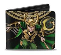 Buckle-Down Loki Herren-Geldbörse, Standard, PU, doppelt gefaltet, Schwarz/Gold/Grün, Mehrfarbig, 10,2 x 8,9 cm