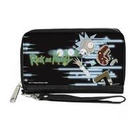 Buckle-Down Rick and Morty Geldbörse mit Reißverschluss, Rick Face Glitch Pose und Title Logo Black Blues, veganes Leder