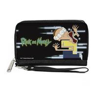 Buckle-Down Rick and Morty Geldbörse mit umlaufendem Reißverschluss, Morty Full Body Glitch Pose und Title Logo Schwarz, veganes Leder